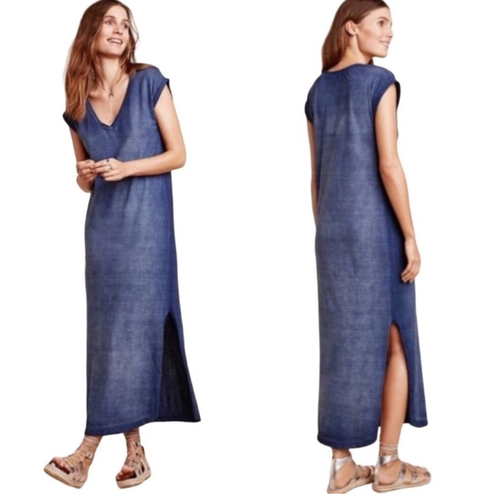 Anthropologie Cloth & Stone Nila T shirt Maxi Dress Side Slits Blue Size XS